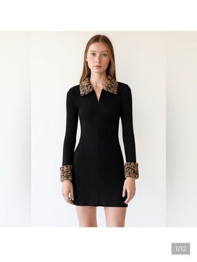 Commense Black A Line Dress Short Ribbed Animal Print Trim SZ S NEW